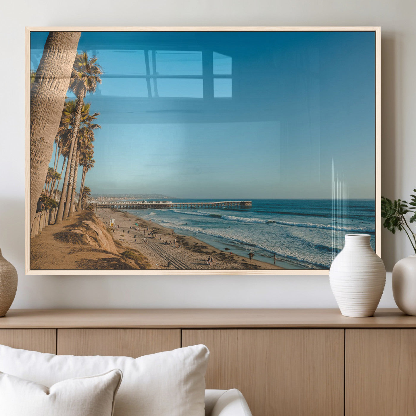 92568259-MGV-FP-36X24-3P_Natural-Scenic Beach Wall Art Canvas Print – Tall Palm Trees, Sandy Shore, Long Pier Stretching into Calm Ocean Artwork for Home, Office