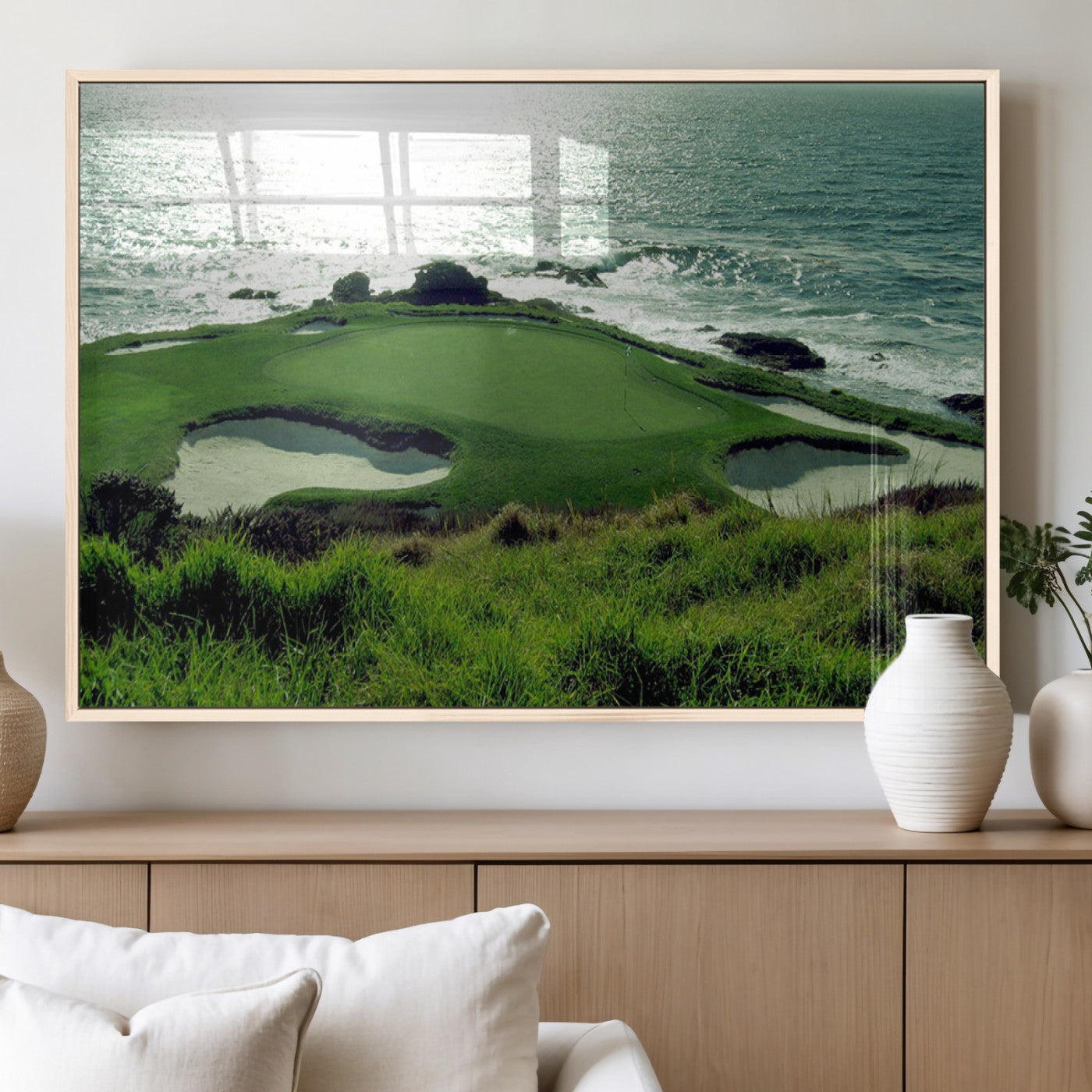 48473947-MGV-FP-36X24-3P_Natural-Coastal Golf Course Wall Art Canvas Print – Scenic Green Surrounded by Sand Bunkers and Ocean Waves Artwork for Home, Office