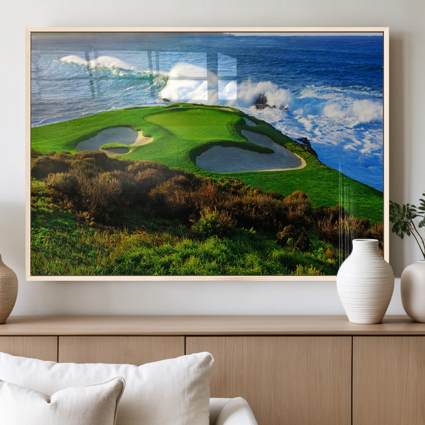 34181847-MGV-FP-36X24-3P_Natural-Coastal Golf Course Wall Art Canvas Print – Vibrant Green with Sand Bunkers Overlooking Ocean Waves Artwork for Home, Office