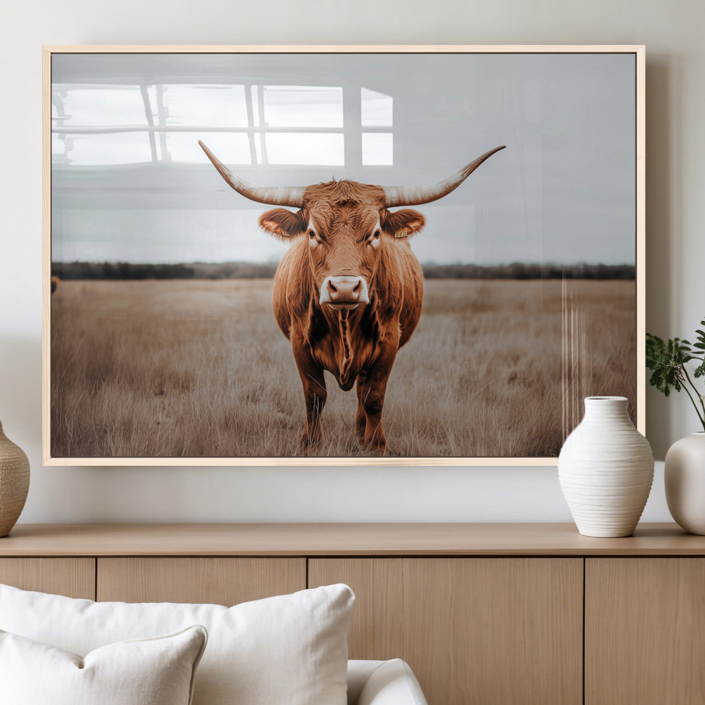 16316734-MGV-FP-36X24 - Longhorn bull, open field, rustic charm, natural beauty, Wall Art Canvas Print, countryside,
