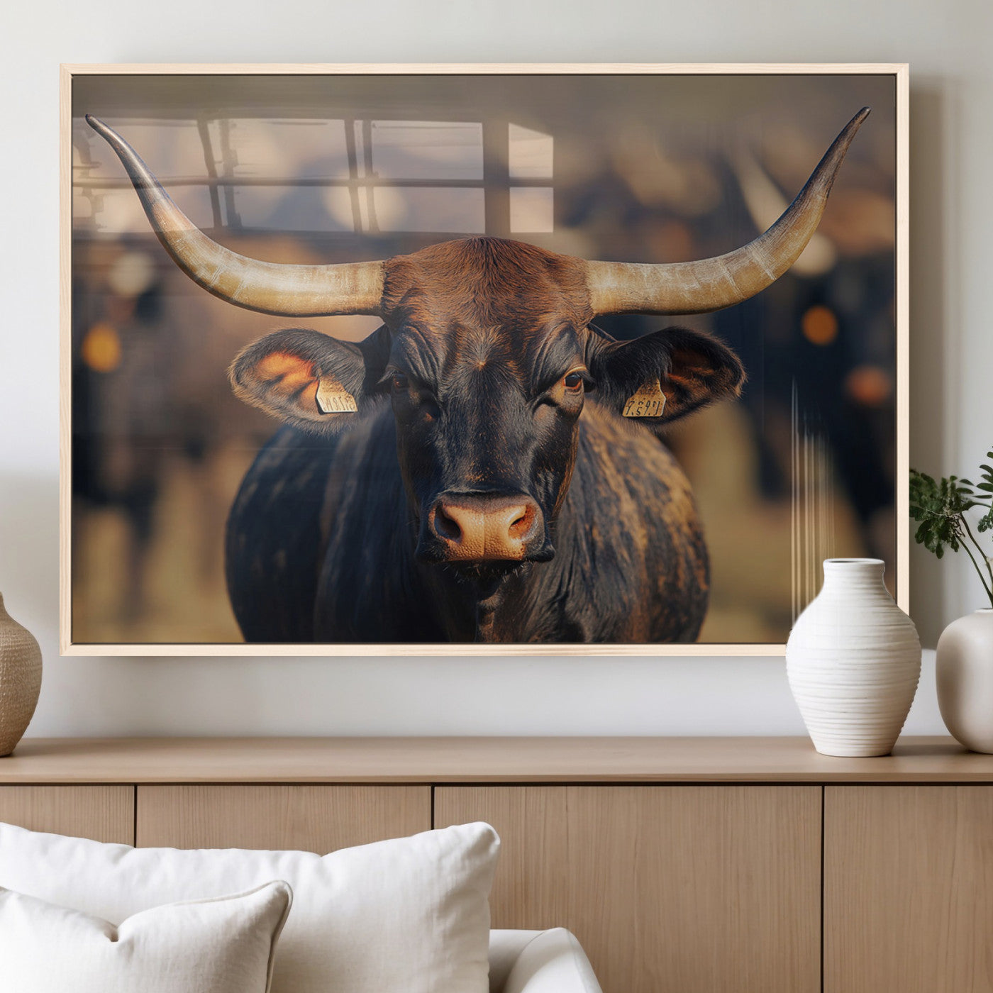 35515971-MGV-CV-60X30-3P_Natural-Majestic bull head close-up, long curved horns, detailed fur texture, warm sunlight, focused gaze, Wall Art Canvas Print