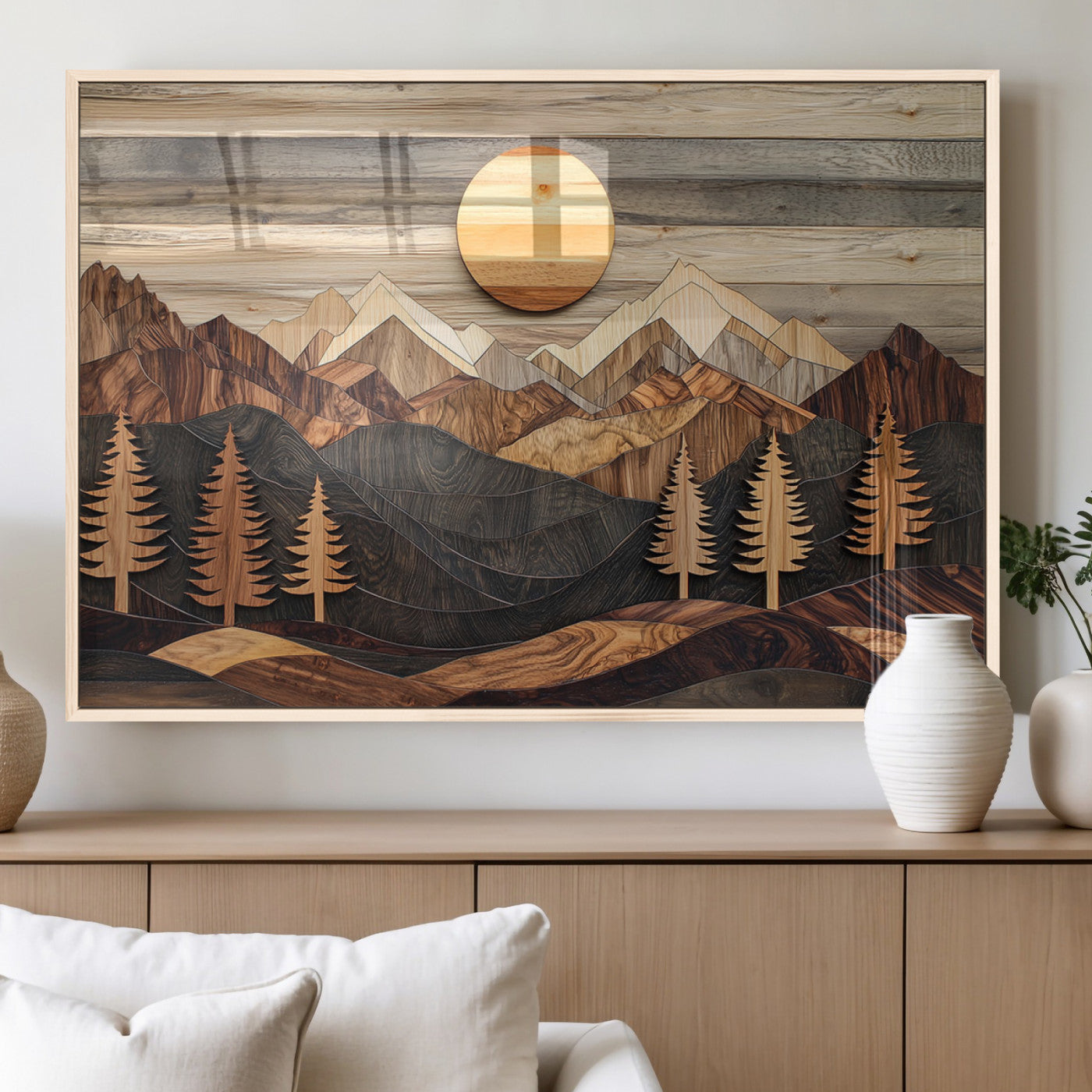 9090761130221-MGV-FP-36X24_Natural-Wooden Mountain Landscape Wall Art Canvas Print, Rustic Forest Pines and Sun Design Natural Warm Decor for Home, Office