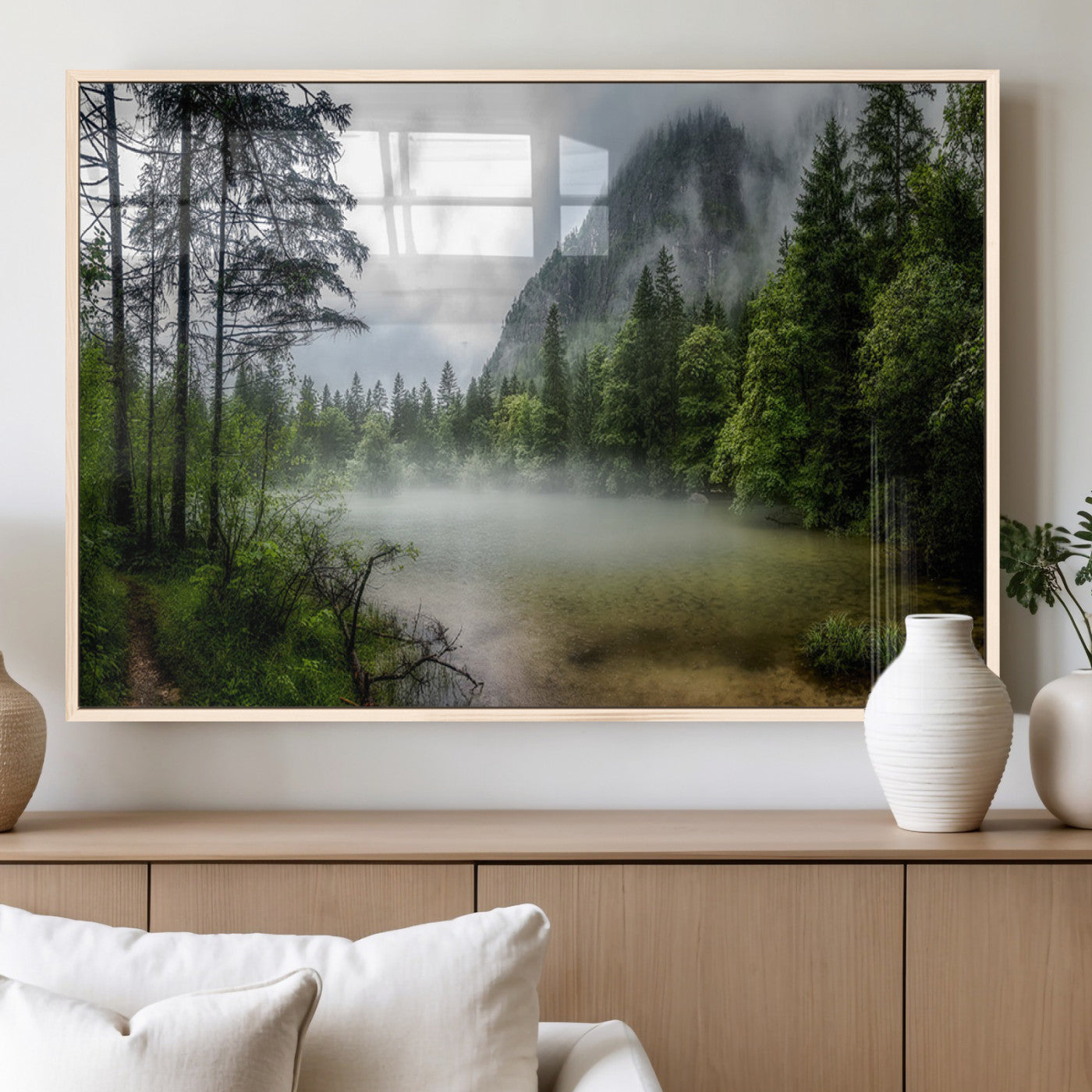 93123937-MGV-CV-60X30-3P_Natural-Misty Lake Forest Green Trees Calm Water Reflection Mountain Fog Nature Landscape Outdoor Scenic Beauty Wall Art Canvas Print