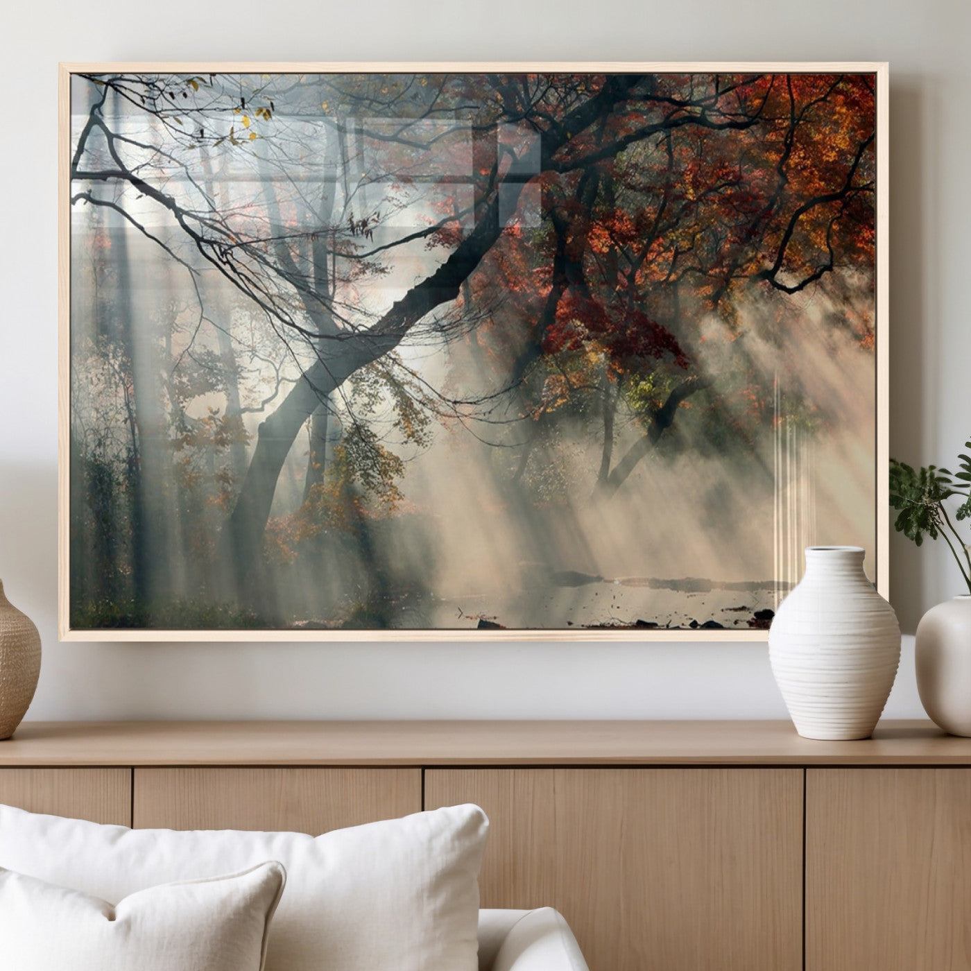 36043878-MGV-CV-60X30-3P_Natural-Sunlit Autumn Forest Mist Trees Rays Fog Nature Scenic Peaceful Tranquil Leaves Landscape Morning Glow Warmth Wall Art Canvas Print