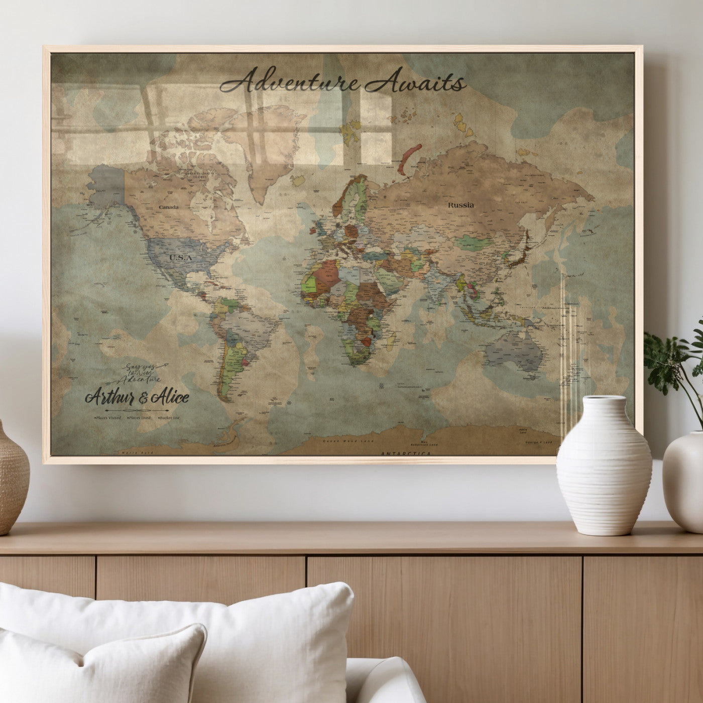 MGV-FP-36X24-3P - Personalized World Map Wall Art Canvas Print – Custom Push Pin Travel Map for Couples, Families, or Office Décor