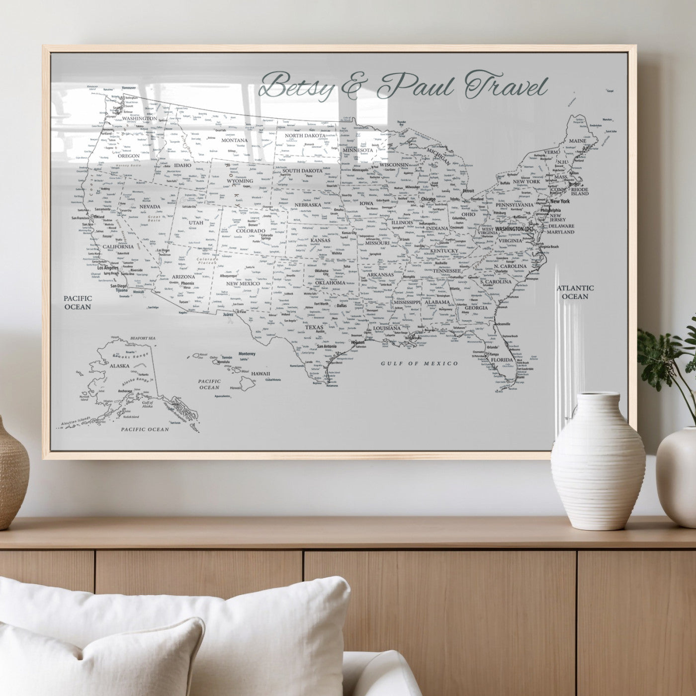 77805491-MGV-FP-36X24-3P_Natural-Personalized USA Map Wall Art Canvas Print – Custom Push Pin Travel American Map for Couples, Families, or Office Decor