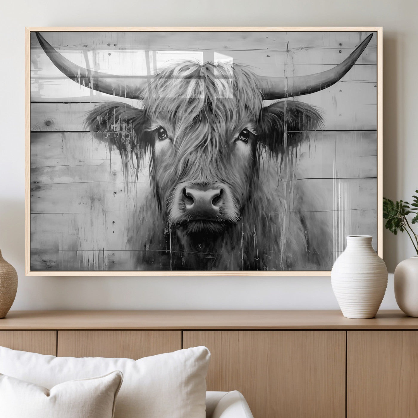 1001HASAN27-MGV-FP-36X24 - Black White Highland Cow Wall Art Canvas Print