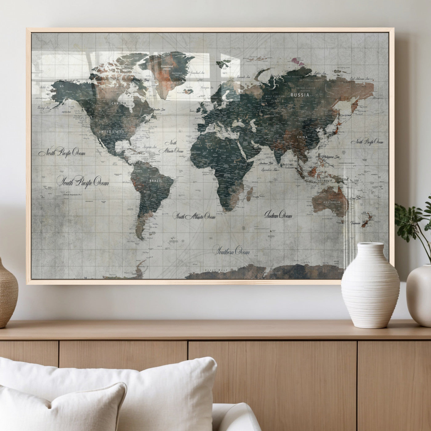 90149079-MGV-FP-36X24 - World Map Wall Art Canvas Print, Modern Decorative Framed Map Artwork Prints for Living Room, Office, Bedroom Wall Decor