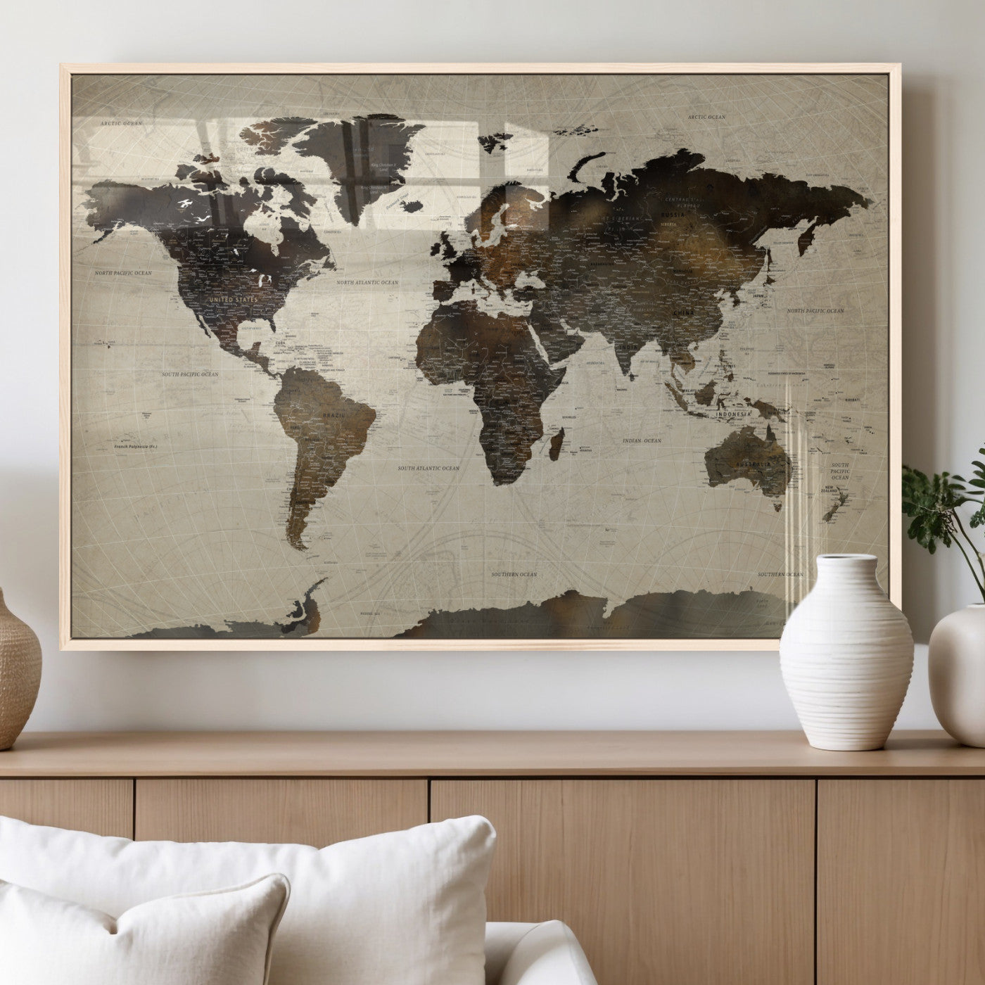 81771296-MGV-FP-36X24 - World Map Wall Art Canvas Print, Modern Decorative Framed Map Artwork Prints for Living Room, Office, Bedroom Wall Decor