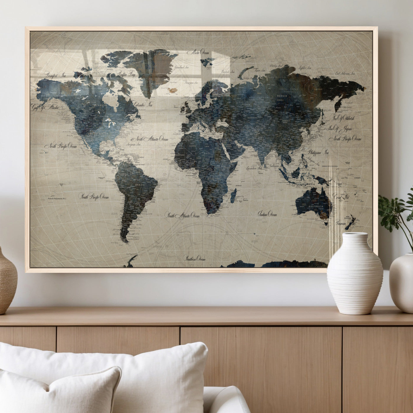 33438443-MGV-FP-36X24 - World Map Wall Art Canvas Print, Modern Decorative Framed Map Artwork Prints for Living Room, Office, Bedroom Wall Decor