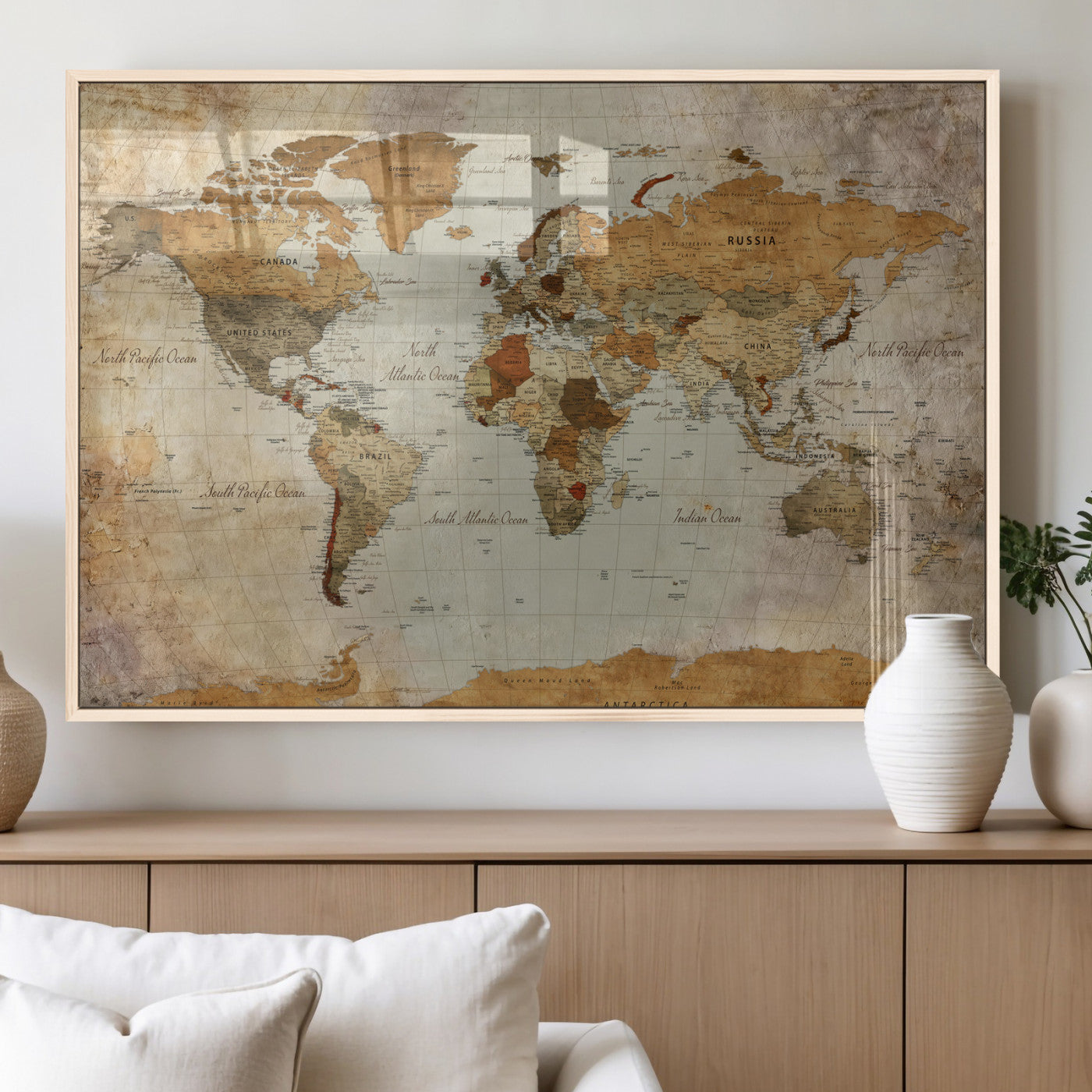 74176056-MGV-CV-36X24 - World Map Wall Art Canvas Print, Modern Decorative Framed Map Artwork Prints for Living Room, Office, Bedroom Wall Decor