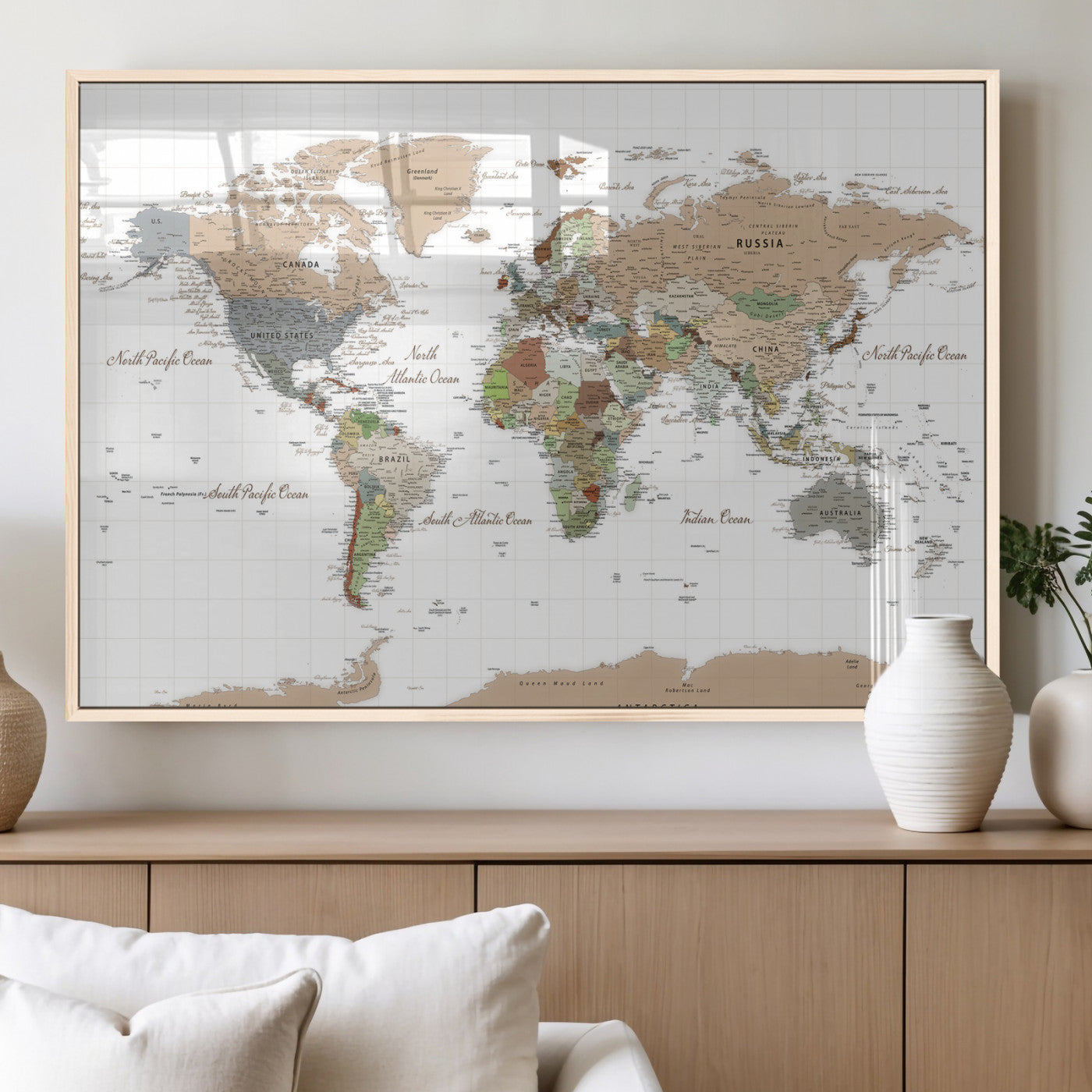 91286788-MGV-CV-36X24 - World Map Wall Art Canvas Print, Modern Decorative Framed Map Artwork Prints for Living Room, Office, Bedroom Wall Decor