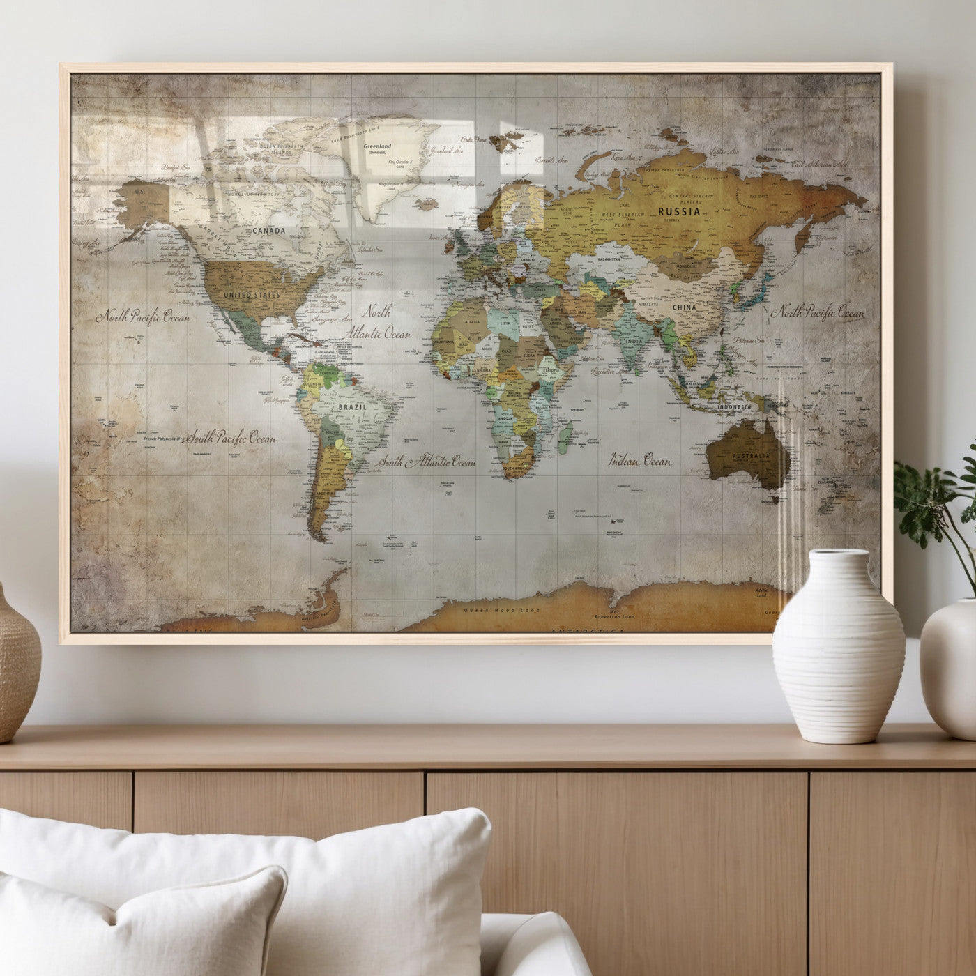 86108417-MGV-CV-36X24 - World Map Wall Art Canvas Print, Modern Decorative Framed Map Artwork Prints for Living Room, Office, Bedroom Wall Decor