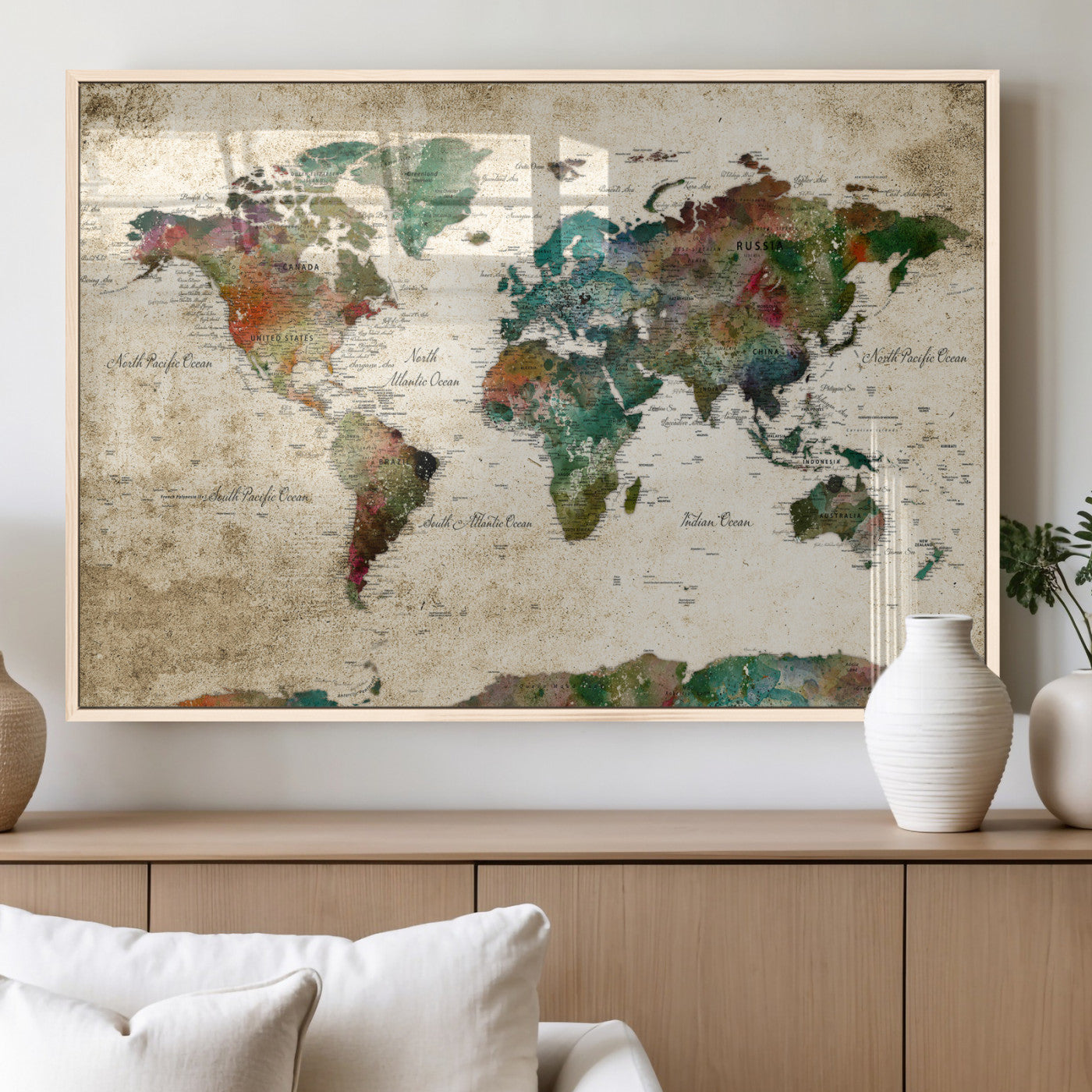 87544591-MGV-CV-36X24 - World Map Wall Art Canvas Print, Modern Decorative Framed Map Artwork Prints for Living Room, Office, Bedroom Wall Decor