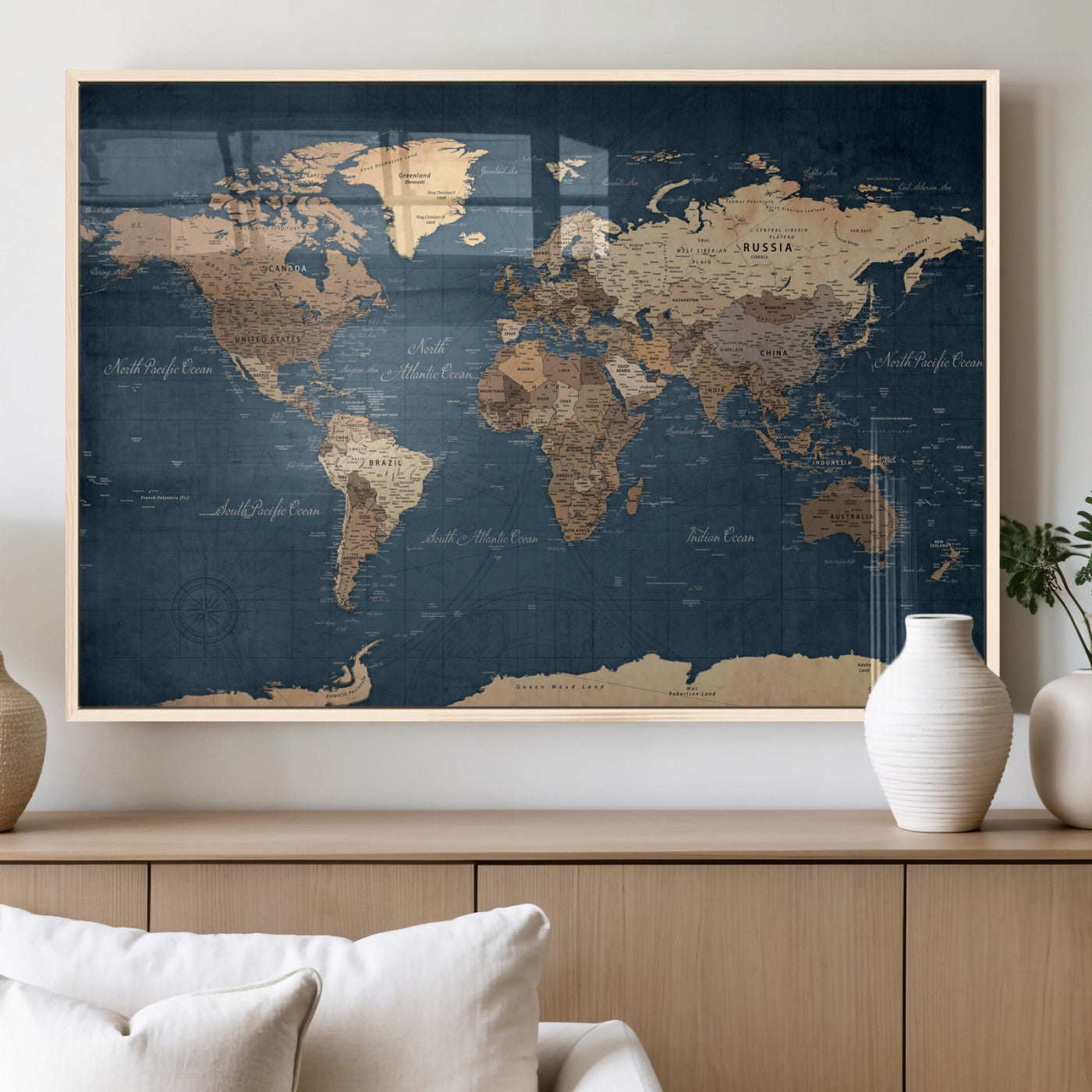 69886352-MGV-CV-36X24 - World Map Wall Art Canvas Print, Modern Decorative Framed Map Artwork Prints for Living Room, Office, Bedroom Wall Decor