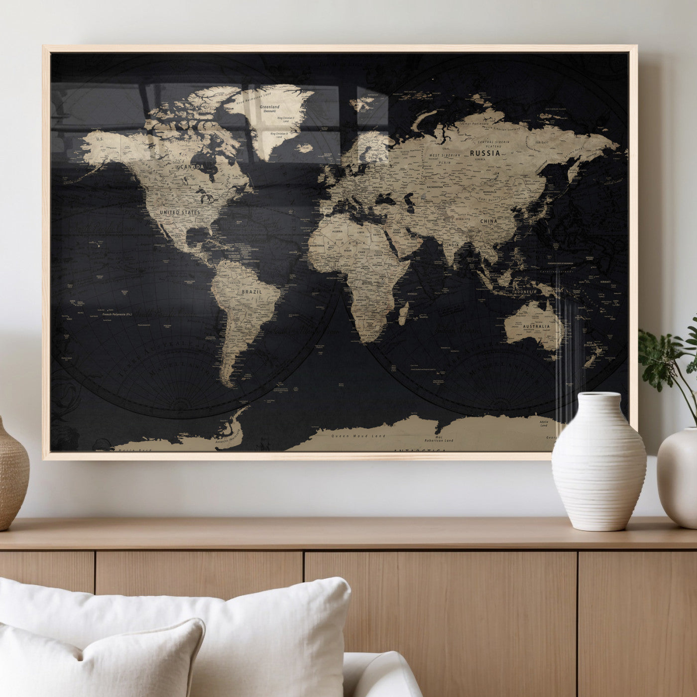 61835687-MGV-CV-36X24 - World Map Wall Art Canvas Print, Modern Decorative Framed Map Artwork Prints for Living Room, Office, Bedroom Wall Decor