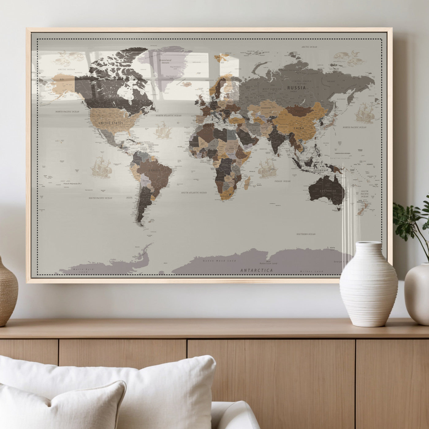 58777746-MGV-CV-36X24 - World Map Wall Art Canvas Print, Modern Decorative Framed Map Artwork Prints for Living Room, Office, Bedroom Wall Decor