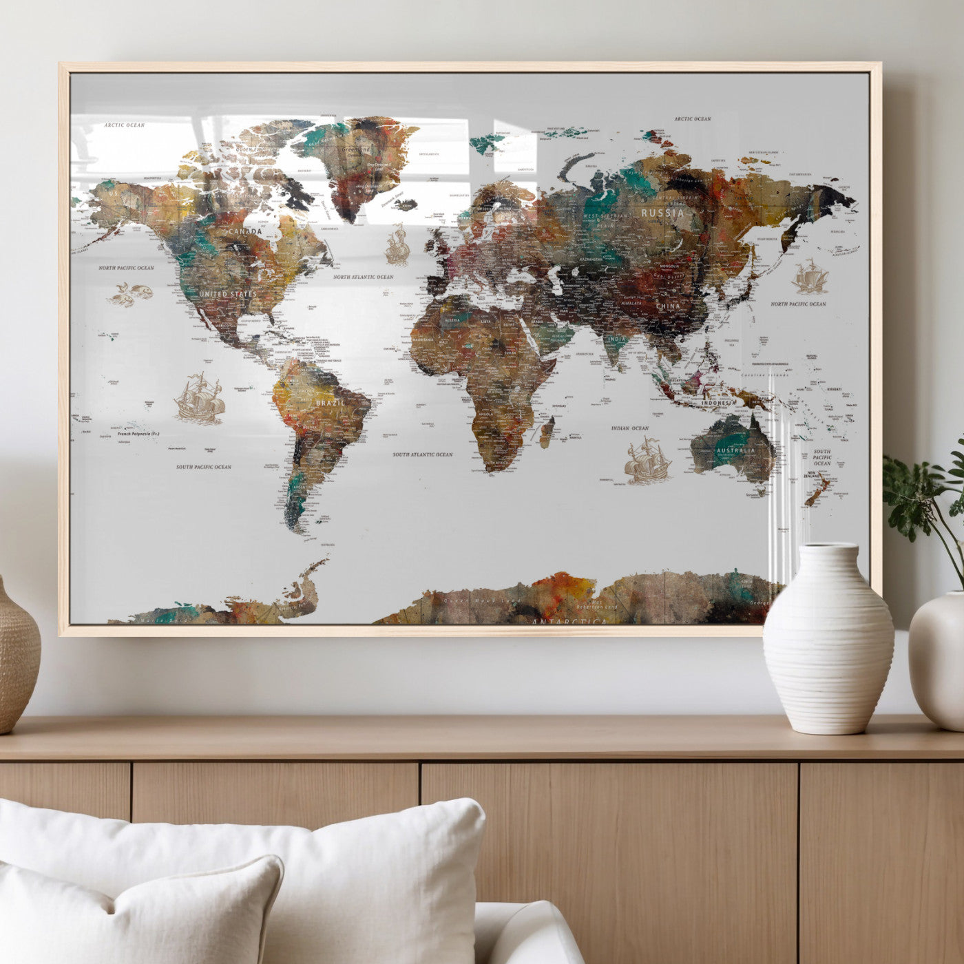 82293175-MGV-CV-36X24 - World Map Wall Art Canvas Print, Modern Decorative Framed Map Artwork Prints for Living Room, Office, Bedroom Wall Decor