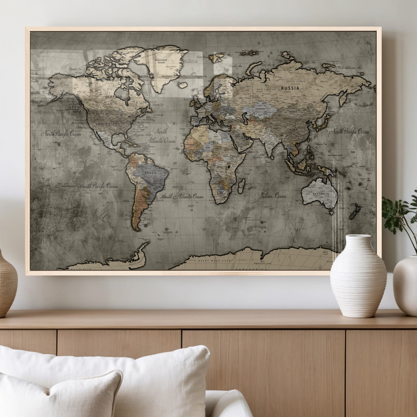 85218700-MGV-CV-36X24 - World Map Wall Art Canvas Print, Modern Decorative Framed Map Artwork Prints for Living Room, Office, Bedroom Wall Decor