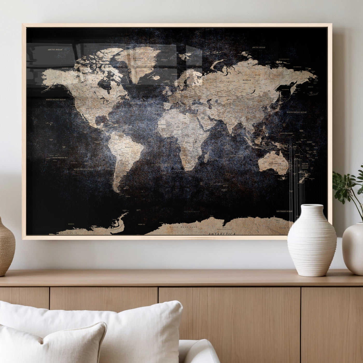 56713386-MGV-CV-36X24 - World Map Wall Art Canvas Print, Modern Decorative Framed Map Artwork Prints for Living Room, Office, Bedroom Wall Decor