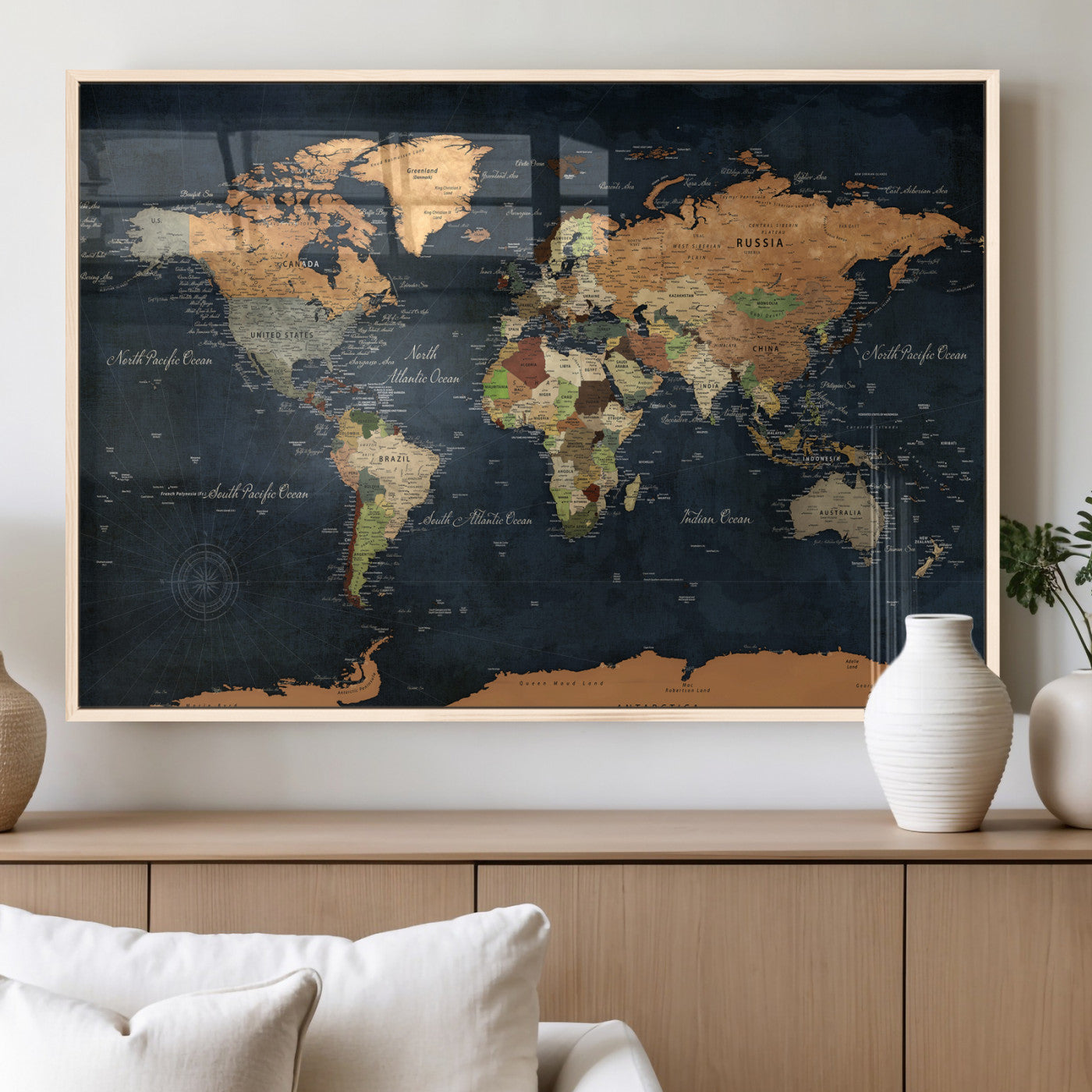 53717402-MGV-CV-36X24 - World Map Wall Art Canvas Print, Modern Decorative Framed Map Artwork Prints for Living Room, Office, Bedroom Wall Decor