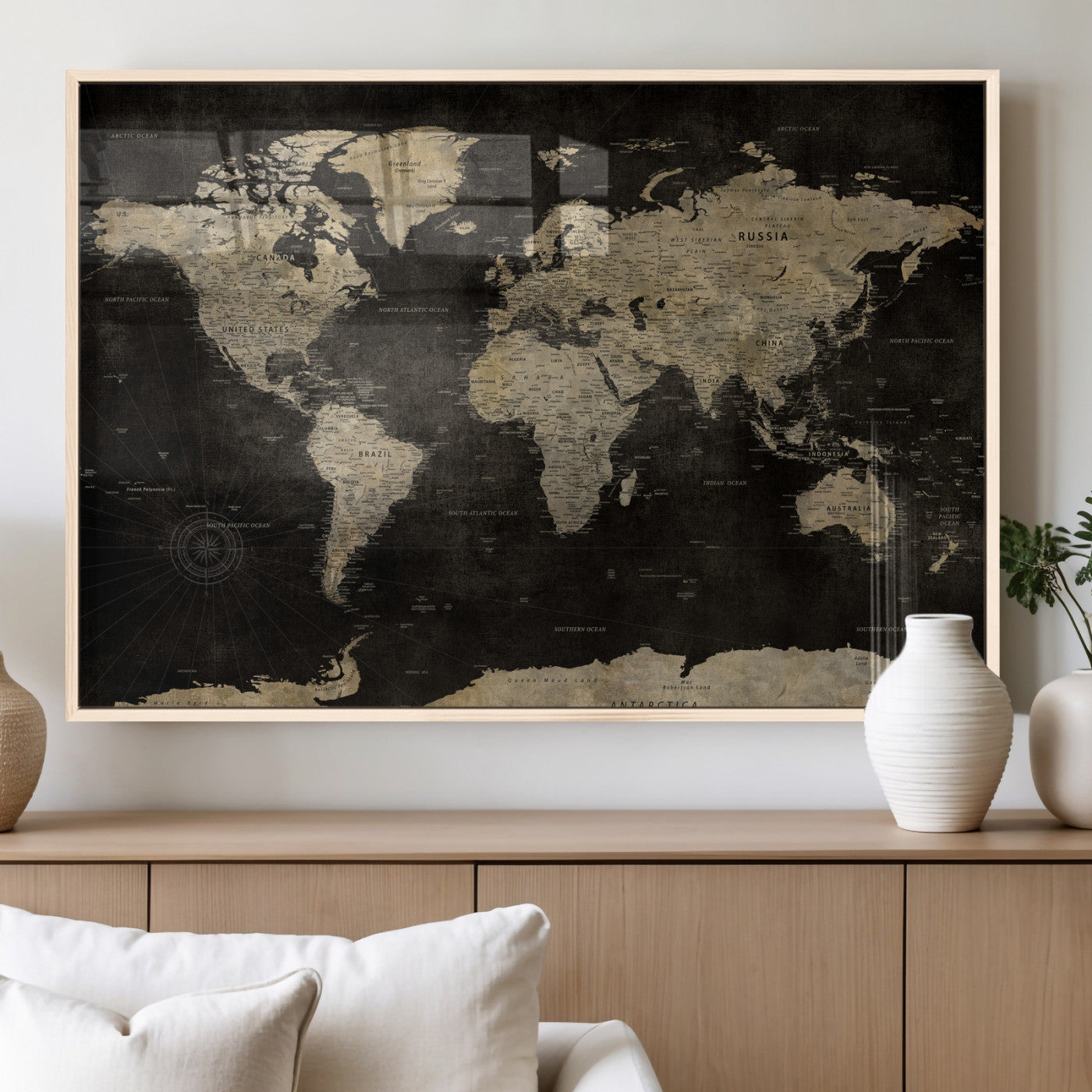 60653880-MGV-CV-36X24 - World Map Wall Art Canvas Print, Modern Decorative Framed Map Artwork Prints for Living Room, Office, Bedroom Wall Decor