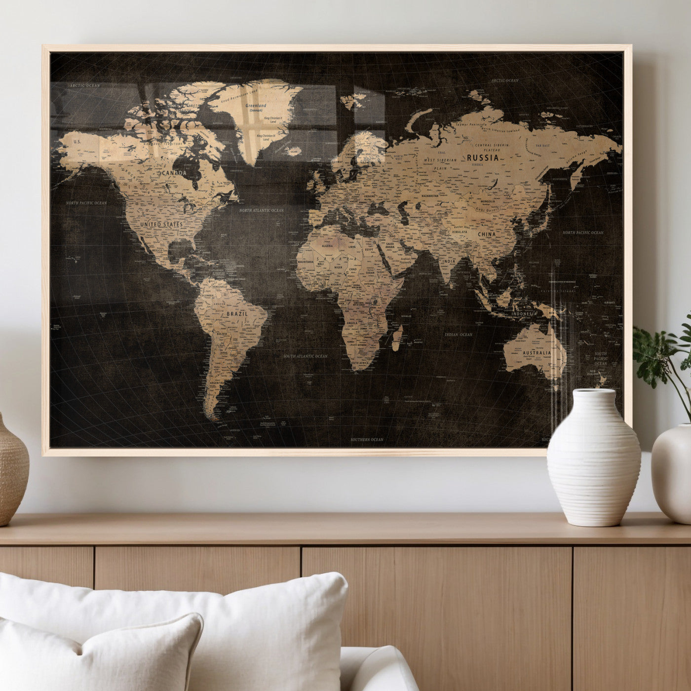 15118265-MGV-CV-36X24 - World Map Wall Art Canvas Print, Modern Decorative Framed Map Artwork Prints for Living Room, Office, Bedroom Wall Decor