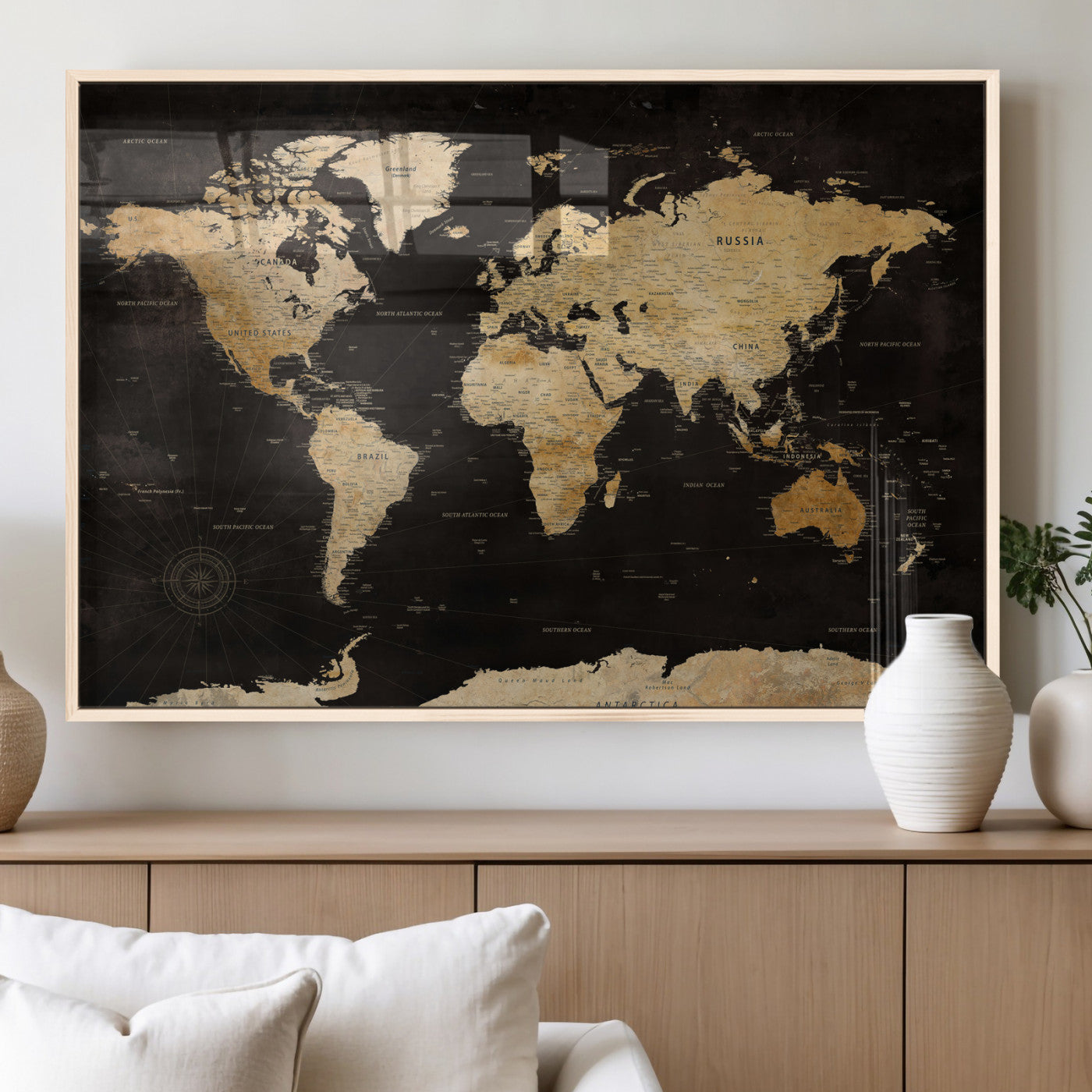 70468159-MGV-CV-36X24 - World Map Wall Art Canvas Print, Modern Decorative Framed Map Artwork Prints for Living Room, Office, Bedroom Wall Decor