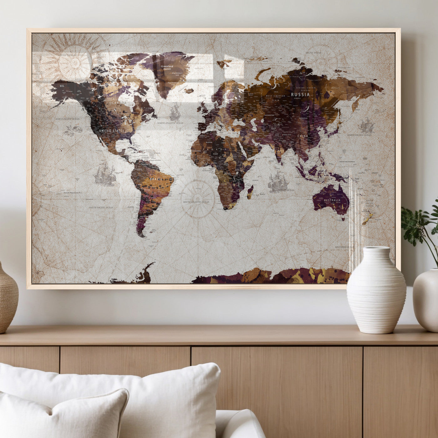 53400857-MGV-CV-36X24 - World Map Wall Art Canvas Print, Modern Decorative Framed Map Artwork Prints for Living Room, Office, Bedroom Wall Decor