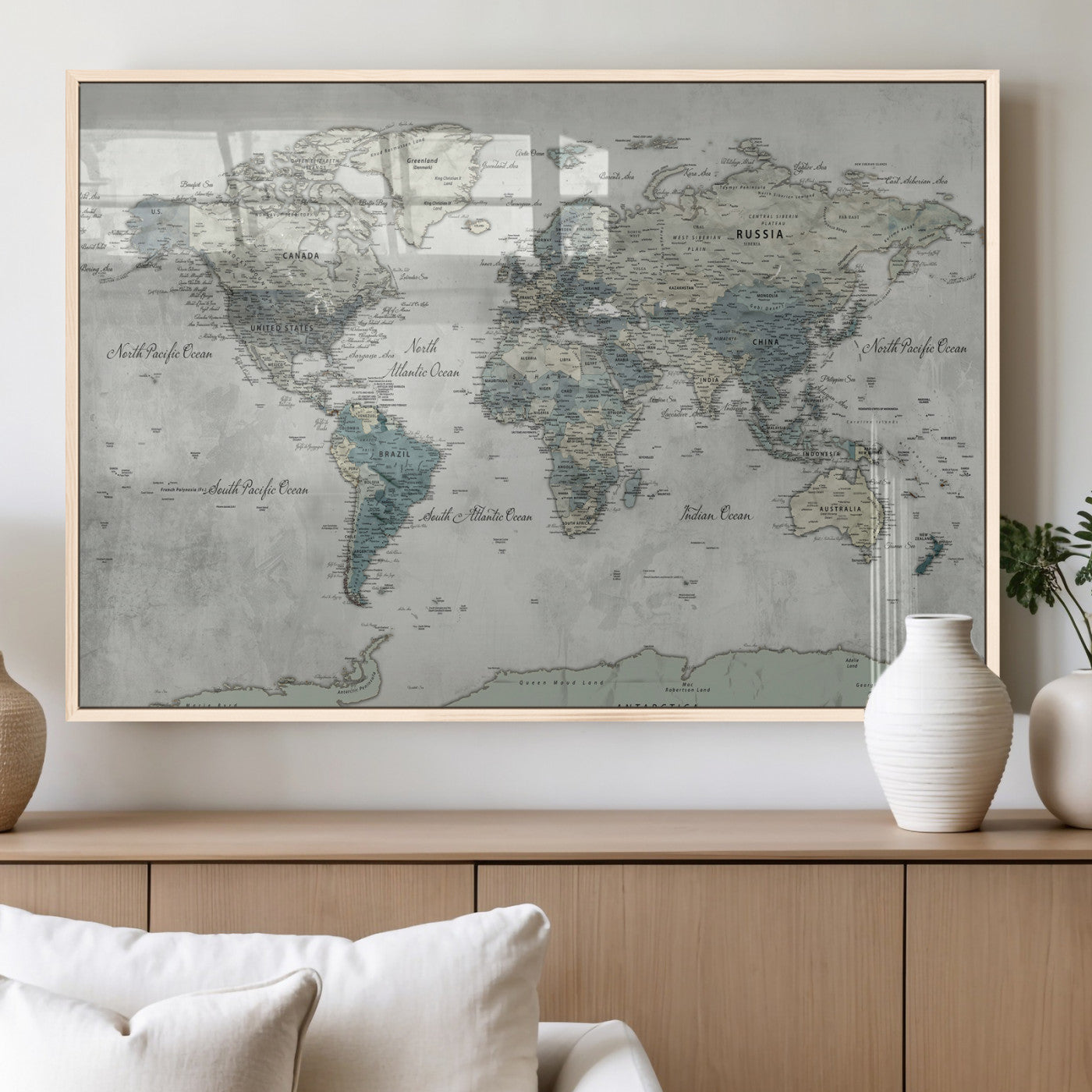 91132939-MGV-CV-36X24 - World Map Wall Art Canvas Print, Modern Decorative Framed Map Artwork Prints for Living Room, Office, Bedroom Wall Decor