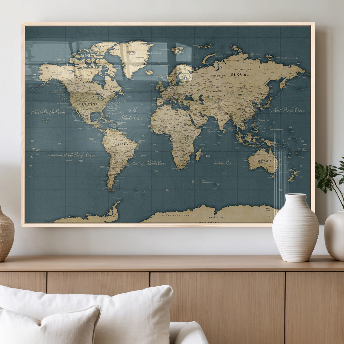 99599383-MGV-CV-36X24 - World Map Wall Art Canvas Print, Modern Decorative Framed Map Artwork Prints for Living Room, Office, Bedroom Wall Decor