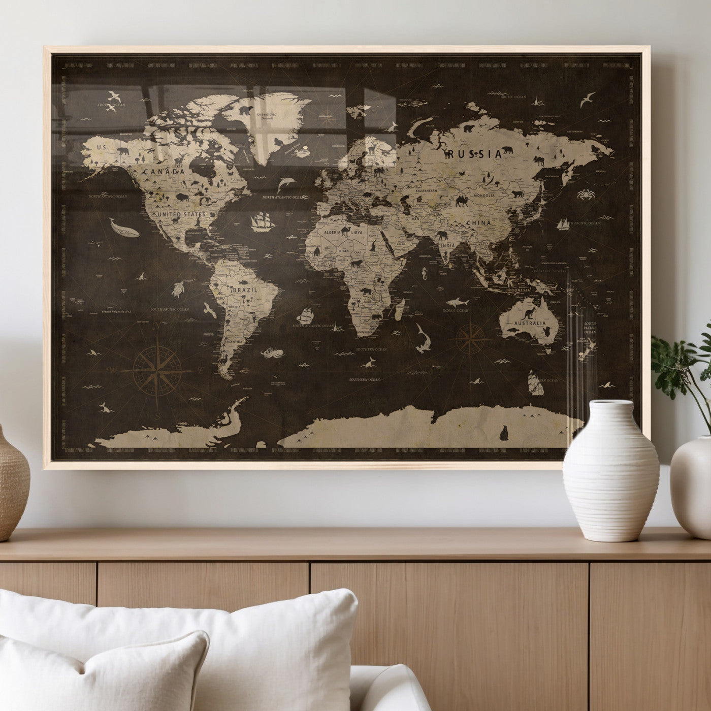 44276398-MGV-CV-36X24 - World Map Wall Art Canvas Print, Modern Decorative Framed Map Artwork Prints for Living Room, Office, Bedroom Wall Decor