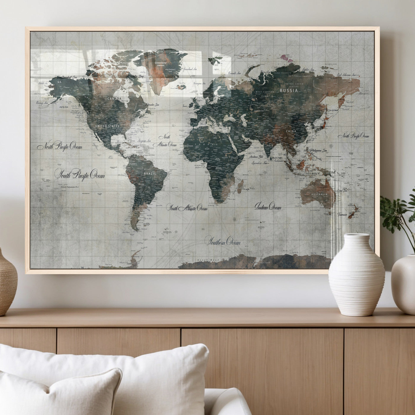 91179593-MGV-CV-36X24 - World Map Wall Art Canvas Print, Modern Decorative Framed Map Artwork Prints for Living Room, Office, Bedroom Wall Decor