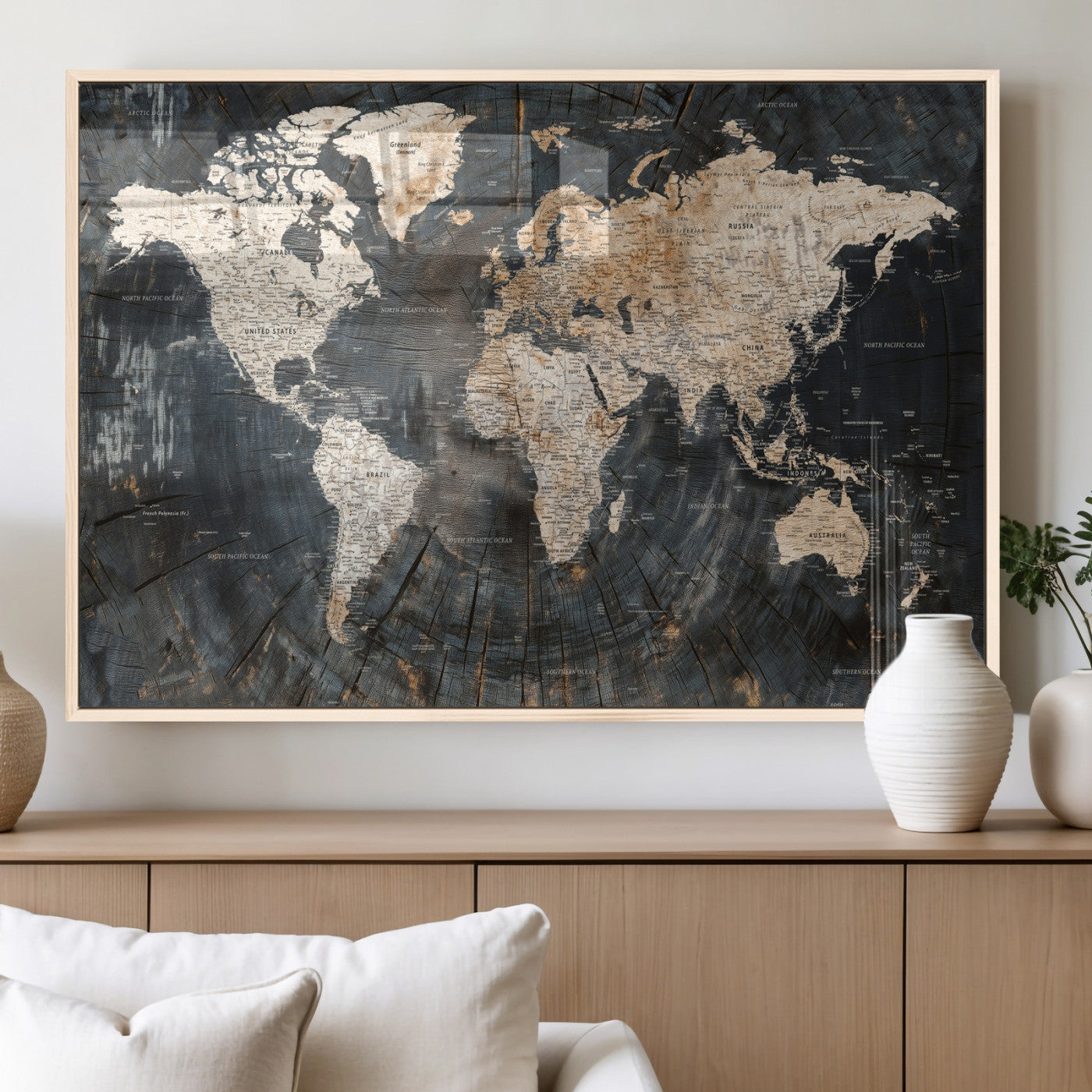 89162112-MGV-CV-36X24 - World Map Wall Art Canvas Print, Modern Decorative Framed Map Artwork Prints for Living Room, Office, Bedroom Wall Decor