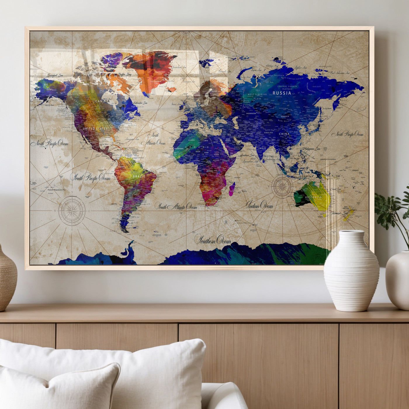 26284075-MGV-CV-36X24 - World Map Wall Art Canvas Print, Modern Decorative Framed Map Artwork Prints for Living Room, Office, Bedroom Wall Decor