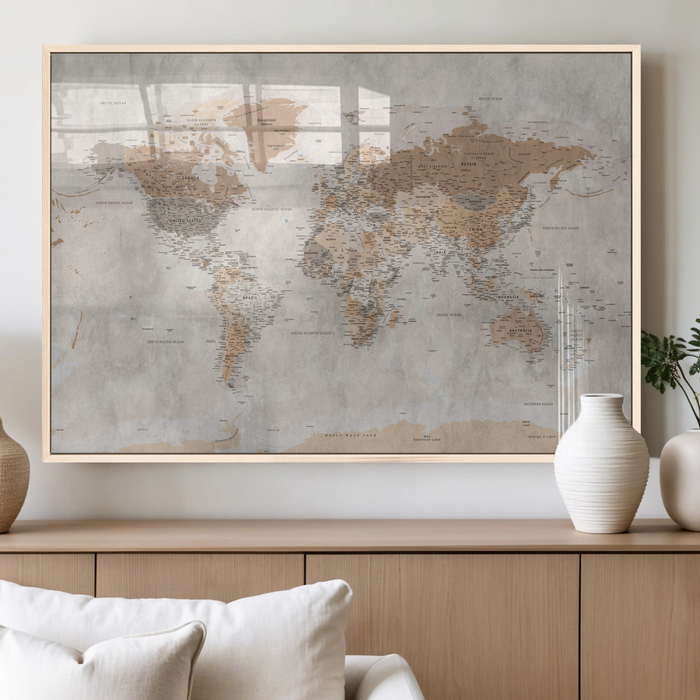 34051638-MGV-CV-36X24 - World Map Wall Art Canvas Print, Modern Decorative Framed Map Artwork Prints for Living Room, Office, Bedroom Wall Decor