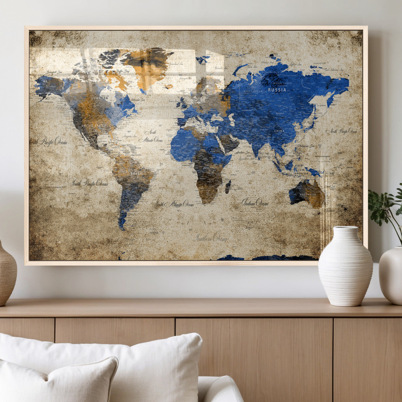 27314341-MGV-CV-36X24 - World Map Wall Art Canvas Print, Modern Decorative Framed Map Artwork Prints for Living Room, Office, Bedroom Wall Decor