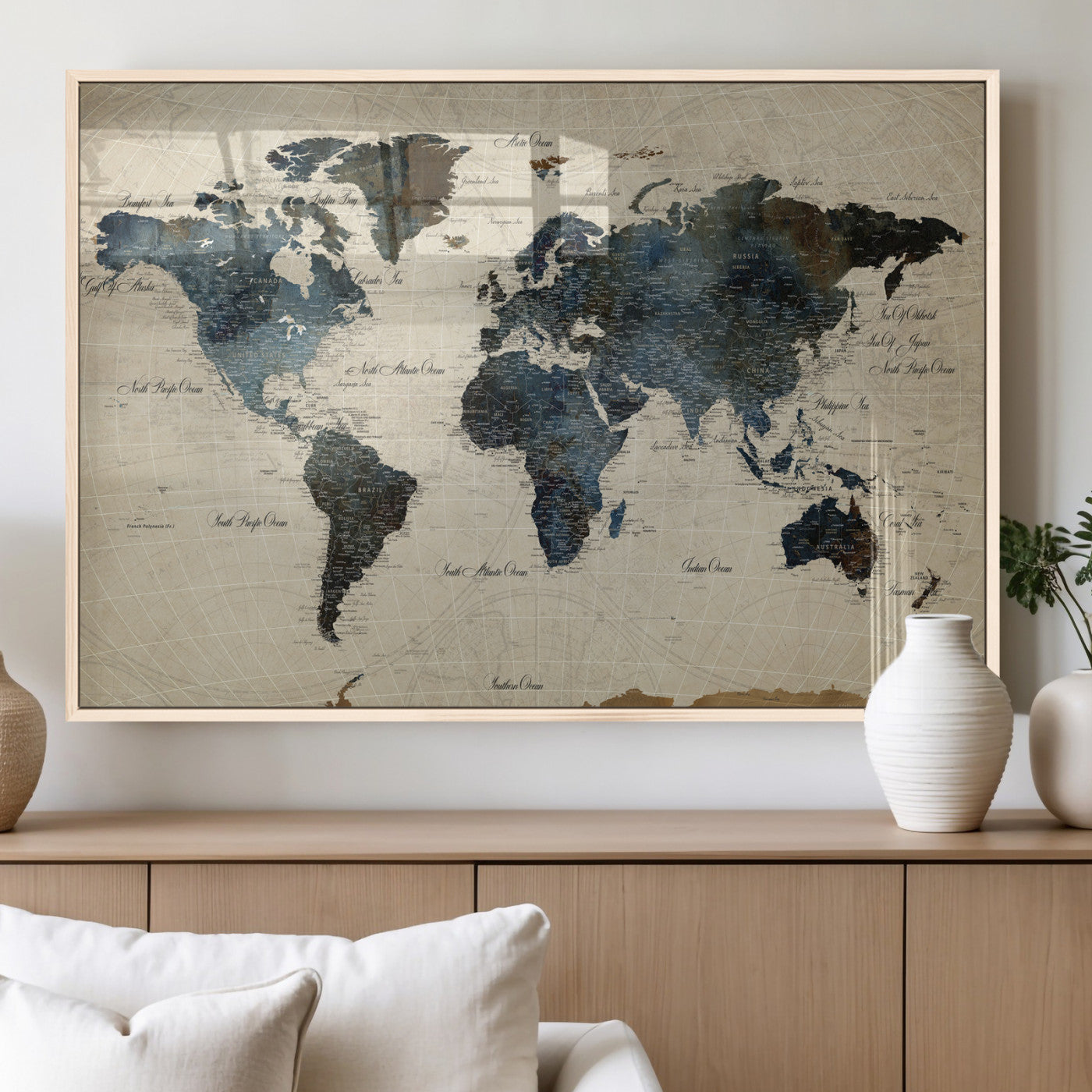 72927803-MGV-CV-36X24 - World Map Wall Art Canvas Print, Modern Decorative Framed Map Artwork Prints for Living Room, Office, Bedroom Wall Decor