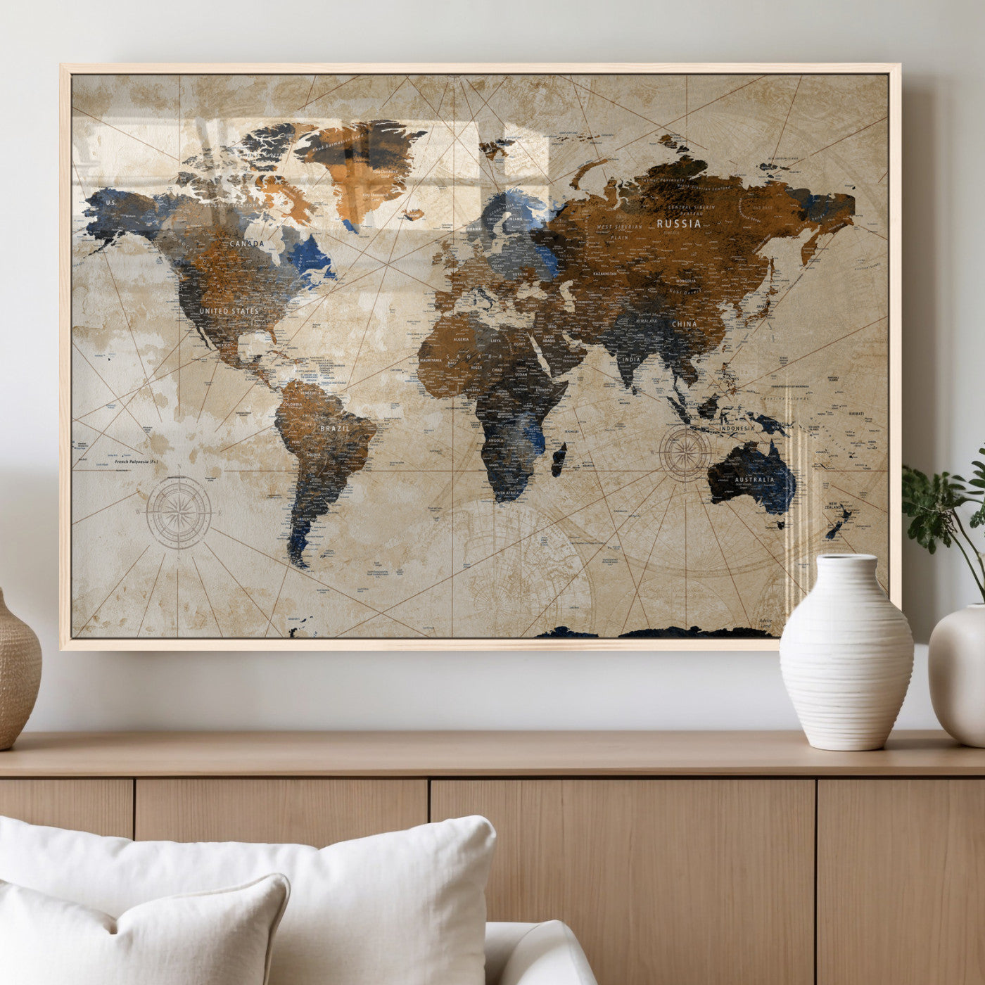15727090-MGV-CV-36X24 - World Map Wall Art Canvas Print, Modern Decorative Framed Map Artwork Prints for Living Room, Office, Bedroom Wall Decor