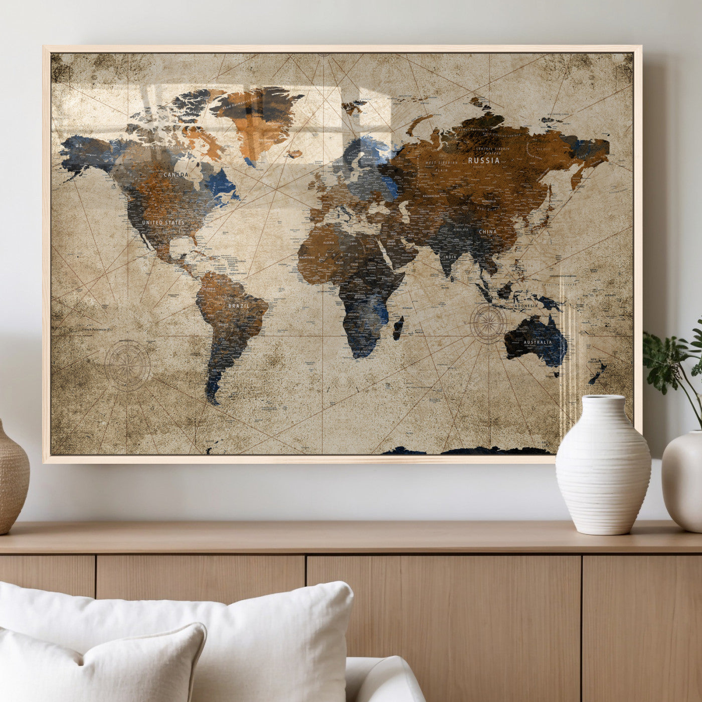 27163414-MGV-CV-36X24 - World Map Wall Art – Rustic Earth Tone Canvas Print, Antique Travel Map Design for Living Room, Office or Study, Classic Adventure Decor