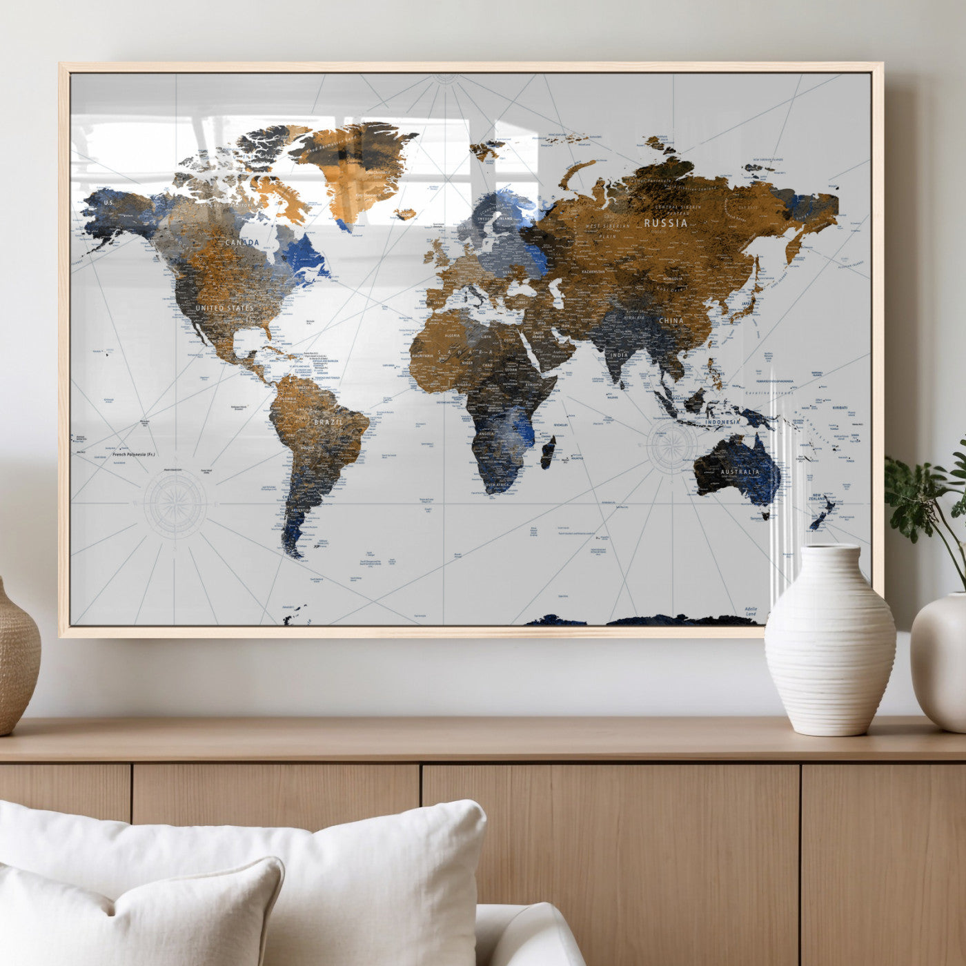 56364879-MGV-CV-36X24 - World Map Wall Art Canvas Print, Modern Decorative Framed Map Artwork Prints for Living Room, Office, Bedroom Wall Decor