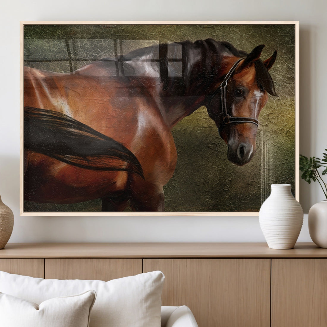 Majestic Brown Horse Wall Art Canvas Print, Framed Equestrian Artwork