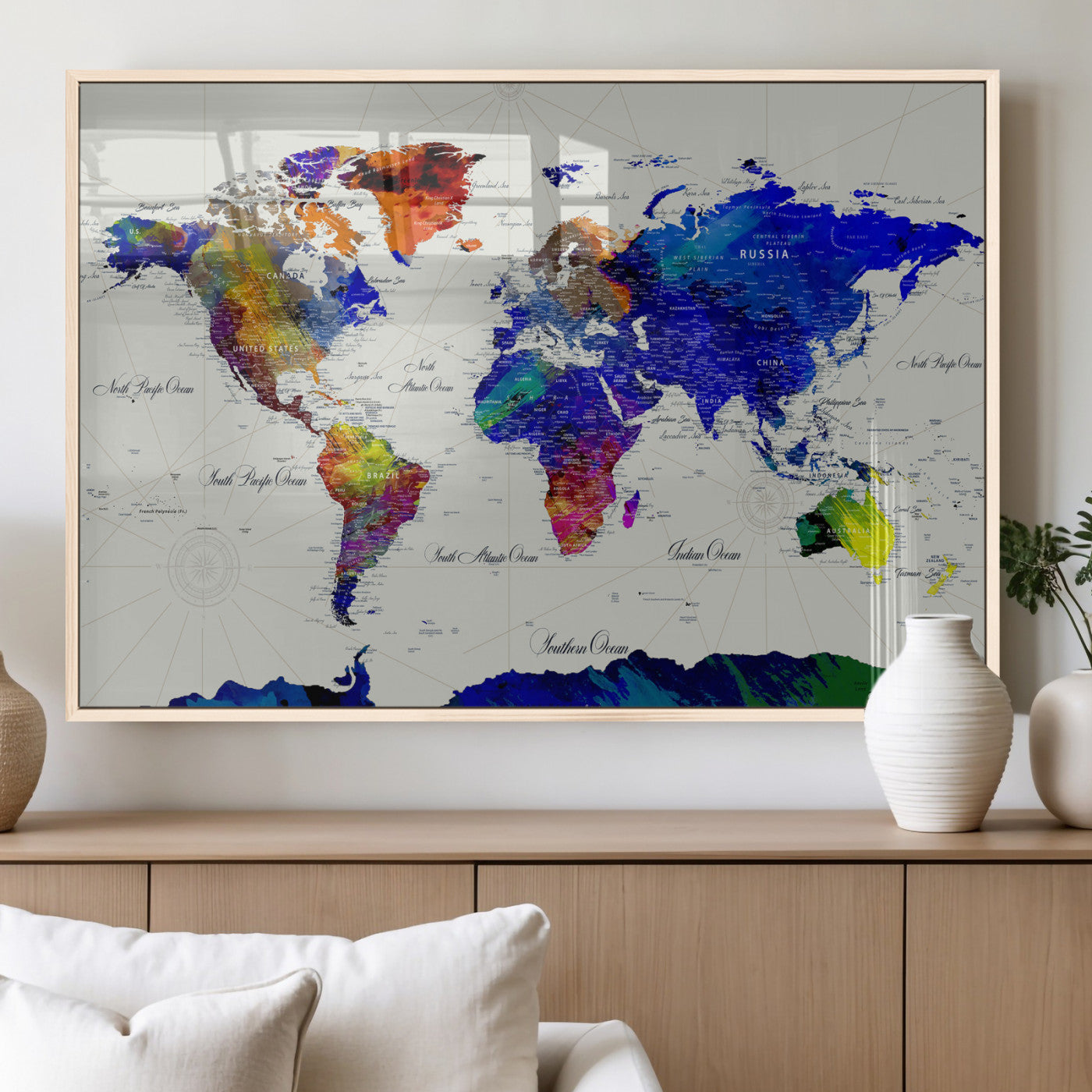49670038-MGV-CV-36X24 - World Map Wall Art Canvas Print, Modern Decorative Framed Map Artwork Prints for Living Room, Office, Bedroom Wall Decor