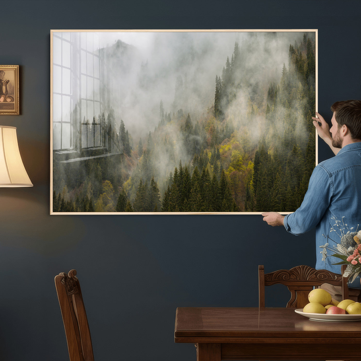 31152954-MGV-CV-36X24 - Misty Mountain Forest Canvas Print, Foggy Pine Trees Nature Wall Art, Framed Canvas Ready to Hang