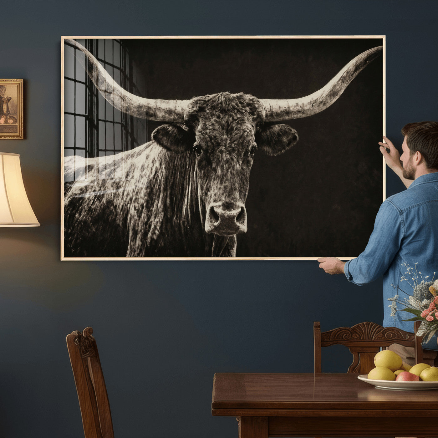 74513721-MGV-CV-36X24 - Vintage Texas Longhorn Bull Wall Art Canvas Print, Cow Portrait Photography Print, Framed Wall Art Ready to Hang