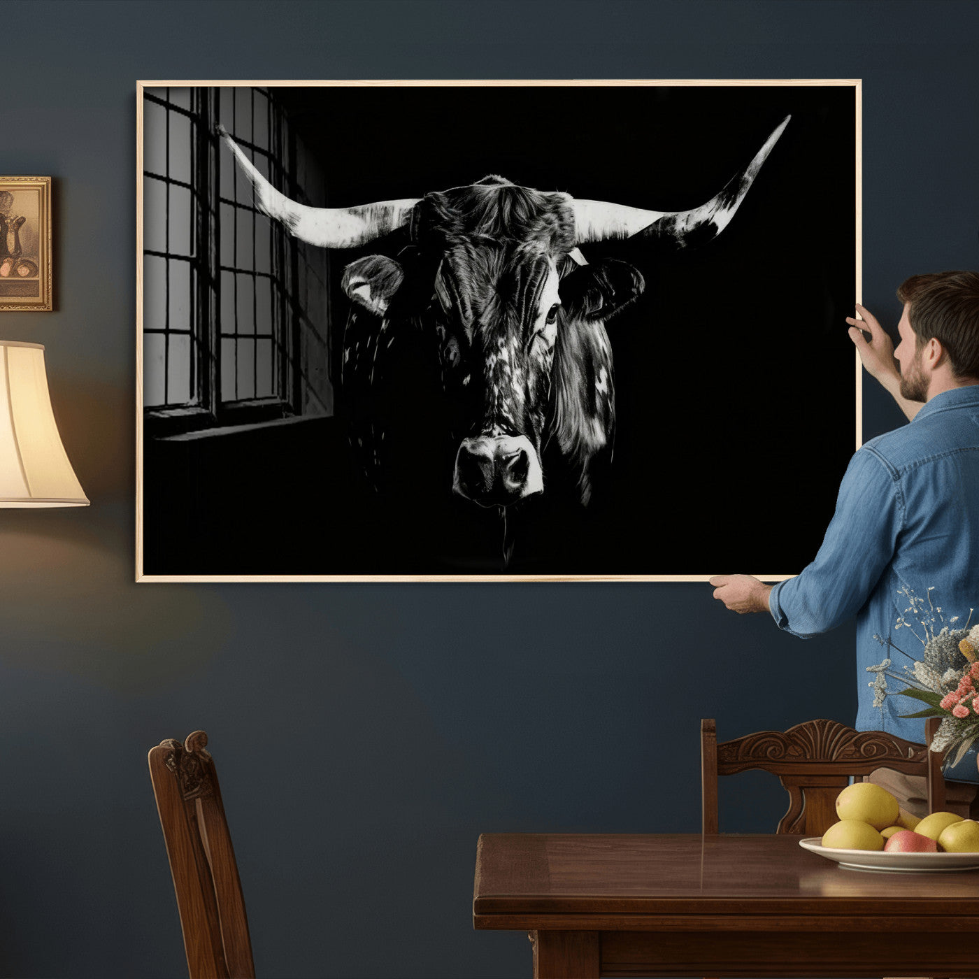 21436434-MGV-CV-36X24 - Black Bull Wall Art Canvas Print, Dark Longhorn Portrait Photography, Framed Wall Art Ready to Hang