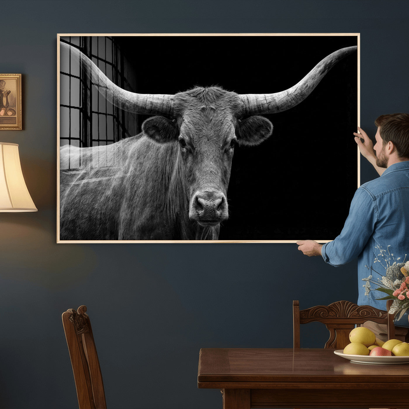 32601430-MGV-CV-36X24 - Texas Longhorn Bull Wall Art Canvas Print, Cow Portrait Photography, Framed Wall Art Ready to Hang