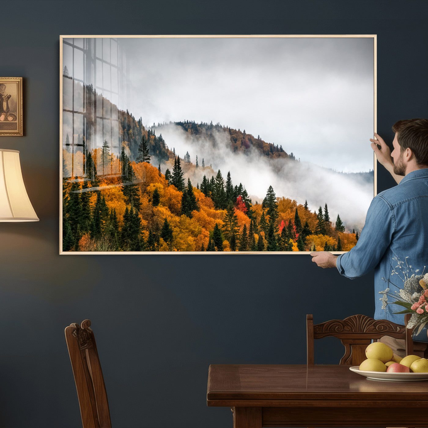 93581632-MGV-CV-36X24 - Autumn Forest Wall Art Canvas Print, Foggy Mountain Landscape Nature Photography, Framed Wall Art Ready to Hang