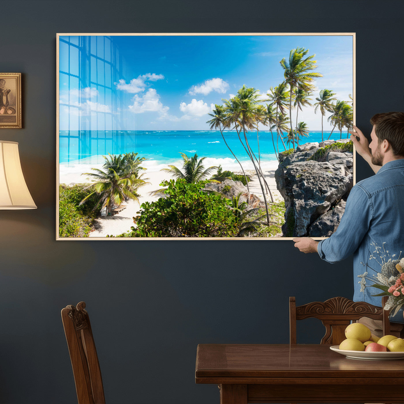 79995168-MGV-CV-36X24 - Barbados Beach Wall Art Canvas Print, Palm Tree Ocean Landscape, Turquoise Sea Coastal Photography, Tropical Island Wall Decor, Framed Ready to Hang
