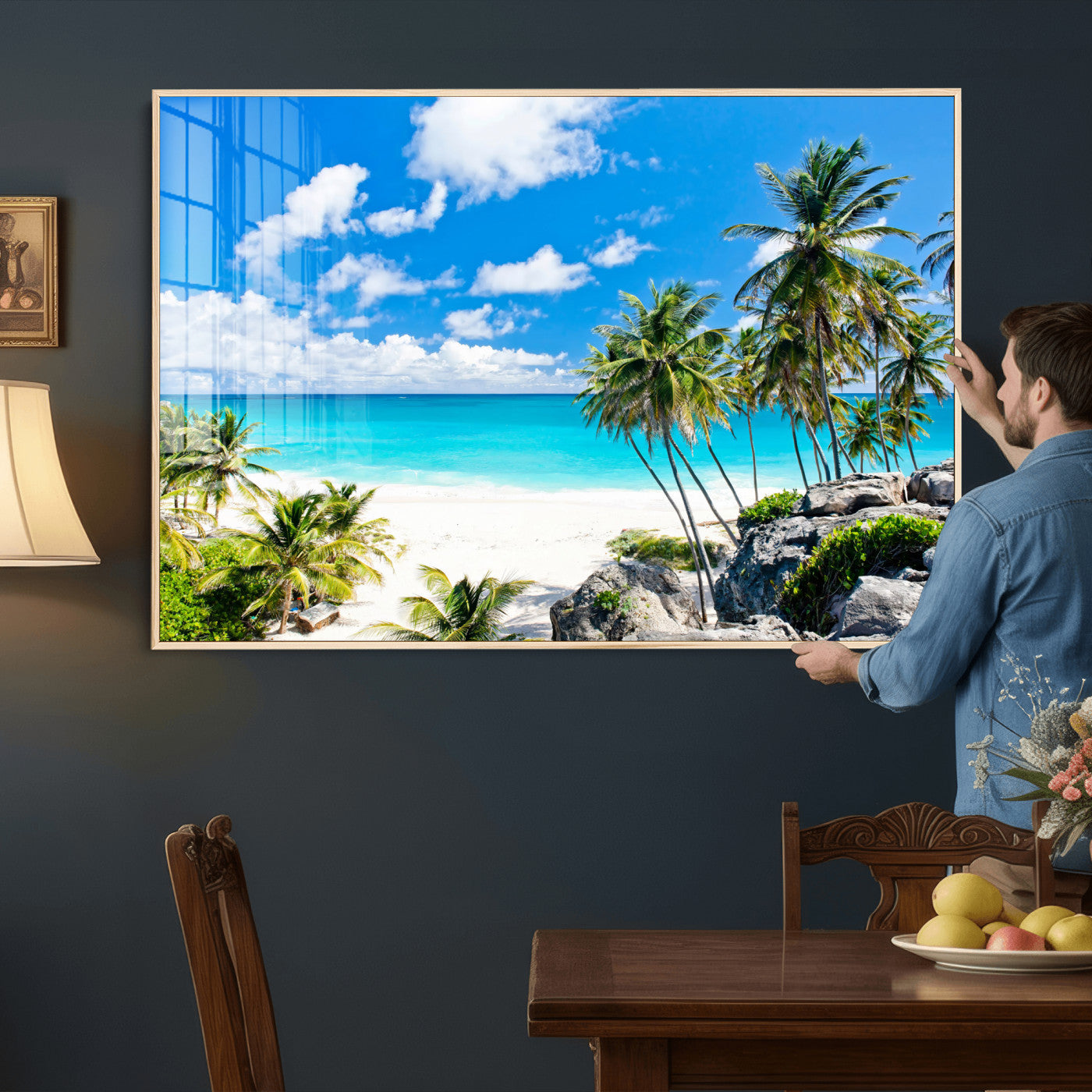 29232878-MGV-CV-36X24 - Barbados Beach Wall Art Canvas Print, Palm Tree Ocean Landscape, Turquoise Sea Coastal Photography, Tropical Island Wall Decor, Framed Ready to Hang